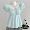 Cute Striped Puff Sleeve Summer Top in Baby Blue