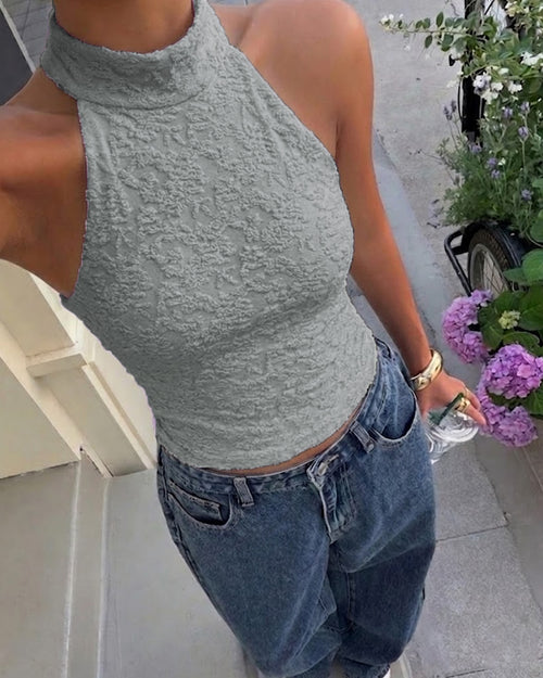 Halter Neck Fitted Straight Hem Sleeveless Crop Top