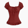 Sweetheart Neck Fitted Ruffle Hem Solid Puff Sleeves Top in Crimson Red