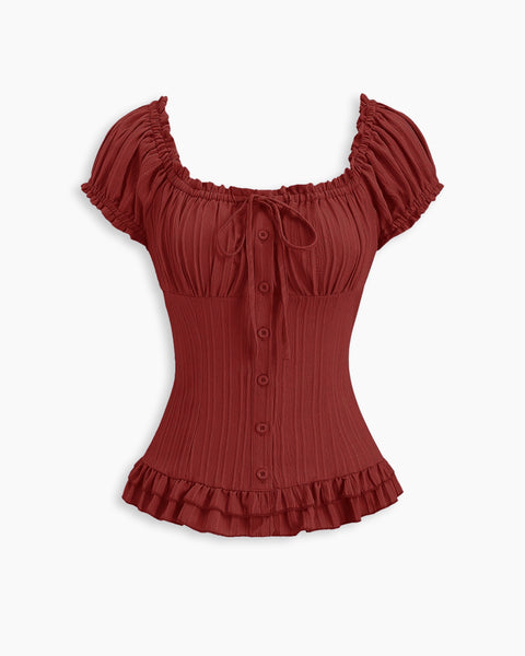 Sweetheart Neck Fitted Ruffle Hem Solid Puff Sleeves Top in Crimson Red