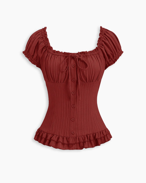 Sweetheart Neck Fitted Ruffle Hem Solid Puff Sleeves Top in Crimson Red