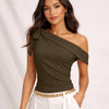 Tie-Up One Shoulder Asymmetrical Ruched Sleeveless Cami Top in Chocolate Brown