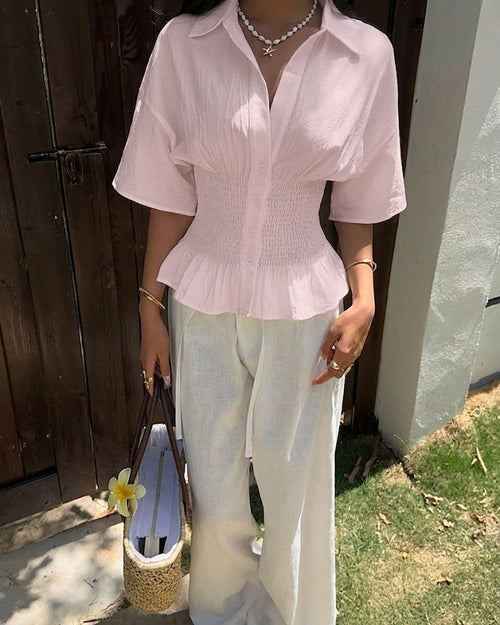Collared Neck Smocked Waist Flared Hem Top in Baby Pink