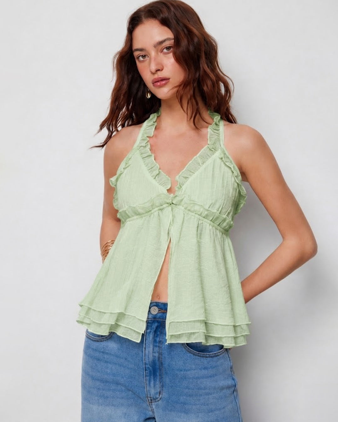 Chic Halter Frill Sleeveless Top in Light Green- Littlebox India