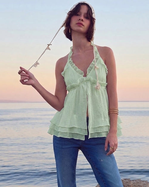 Chic Halter Frill Sleeveless Top in Light Green
