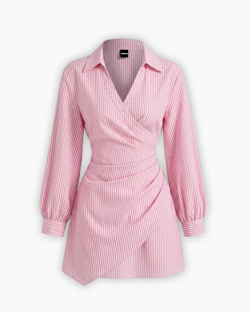 Striped Wrap Front Collared Mini Dress in Powder Pink