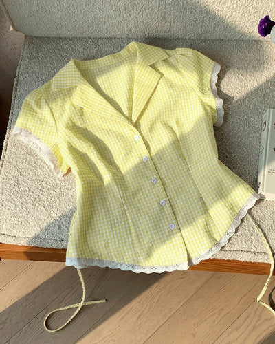 Casual Gingham Striped Button Up Shirt in Butter Yellow Front View Flat lay for Women | Littlebox India