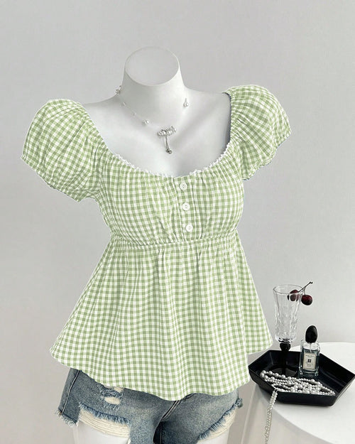 Cute Striped Puff Sleeve Summer Top in Light Green