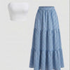 Strapless Tube Top & Striped Tiered Maxi Skirt Set in Classic White and Sky Blue