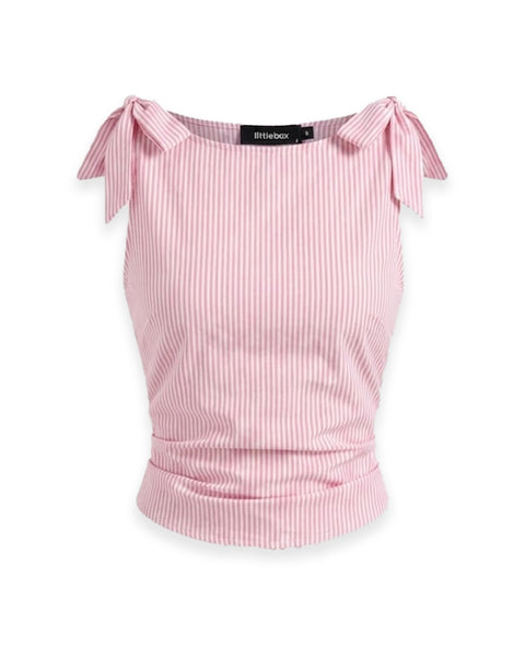 Boat Neckline Striped Bowknot Ruched Tank Top in Baby Pink