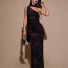 Asymmetrical Neck Floral Ruched Bodycon Mesh Dress With Scarf in Classic Black