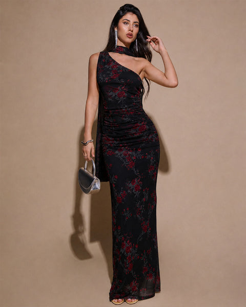 Asymmetrical Neck Floral Ruched Bodycon Mesh Dress With Scarf in Classic Black