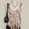 V-Neck Layered Floral Ruffle Tie Front Sleeveless Top in Warm Beige