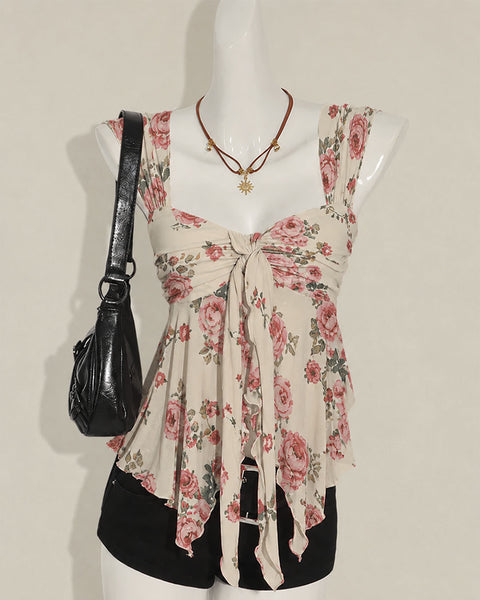 V-Neck Layered Floral Ruffle Tie Front Sleeveless Top in Warm Beige