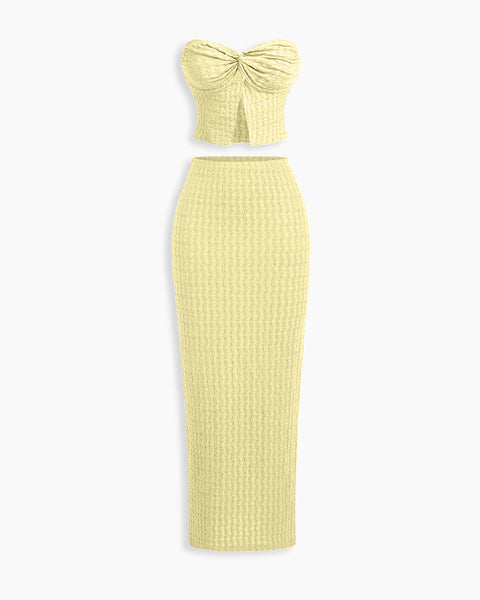Knitted Two-Piece Set with Strapless Top and Fitted Skirt in Vanilla
