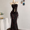 Bohemian Strapless Sleeveless Floral Mesh Ruffle Top And Mermaid Skirt Set in Classic Black