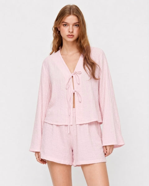 Bell Sleeve Tie Front Two Piece Set in Baby Pink