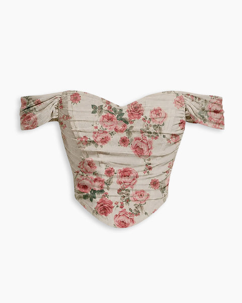 Off Shoulder Ruched Textured Floral Crop Top in Sand Beige