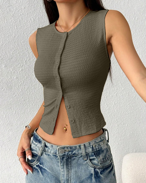 Sleeveless Textured Button Front Crop Top