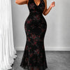 Mesh Halter Fitted Floral Fishtail Dress Curve & Plus in Classic Black