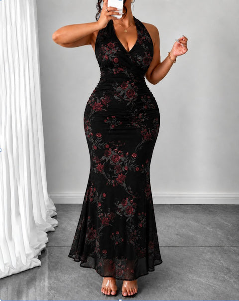 Mesh Halter Fitted Floral Fishtail Dress Curve & Plus in Classic Black