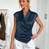 Shawl Collar Ruched Asymmetrical Hem Top in Navy Blue