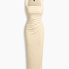 Solid Ruched Sleeveless Ribbed Knit Dress In Apricot