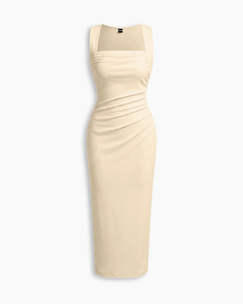 Solid Ruched Sleeveless Ribbed Knit Dress In Apricot