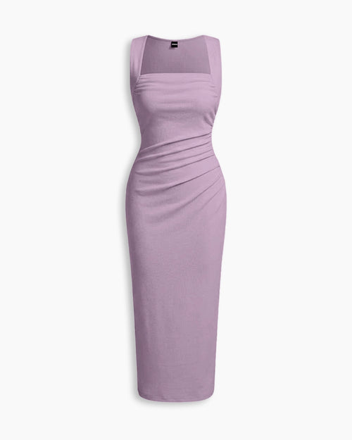 Solid Ruched Sleeveless Ribbed Knit Dress In Lilac