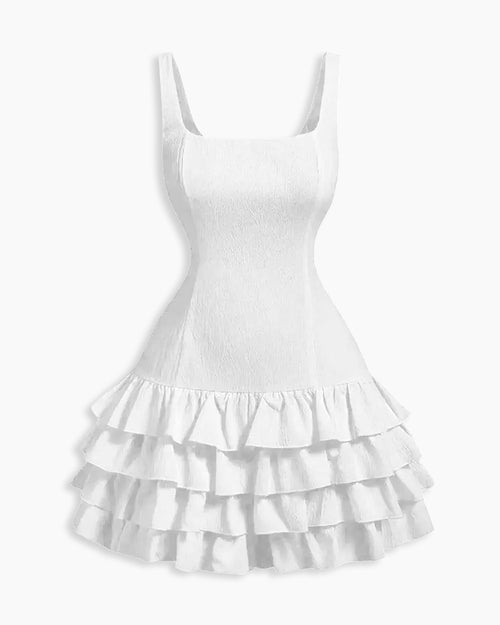 Square Neck Layered Cake Dress In Off White