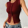 Sleeveless Textured Button Front Crop Top In Crimson Red