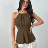 Wrap Tie Waist Solid Color Criss-Cross Sleeveless Top in Chocolate Brown
