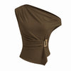Textured Asymmetrical Neck Metal Detail Ruched Top in Chocolate Brown