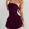 Strapless Sleeveless Ruffle Mini Dress in Wine Maroon
