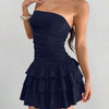 Strapless Sleeveless Ruffle Mini Dress in Navy Blue