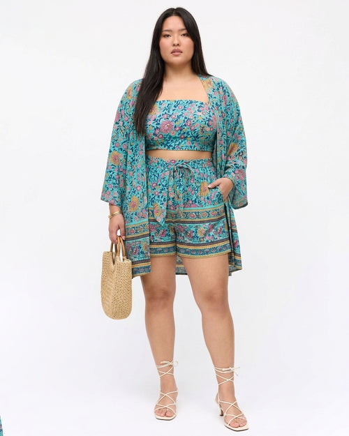 Boho & Chic Floral Three Piece Co-Ord Set Curve and Plus in Sky Blue