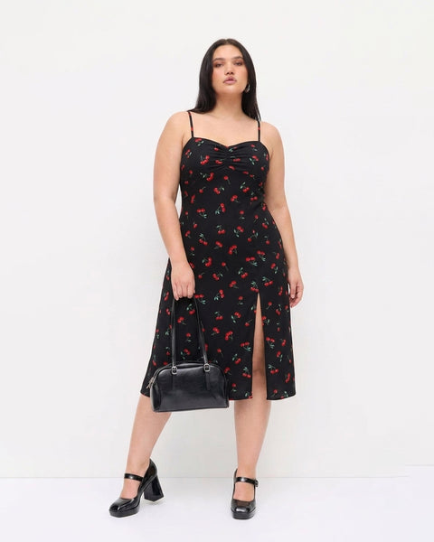 Cherry Print Slit Midi Dress Curve and Plus in Classic Black