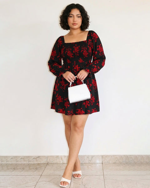Floral Flare Sleeve Babydoll Dress Curve and Plus in Classic Black