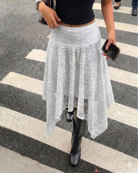 Lace Overlay Asymmetric Hem Midi Skirt in Jet White