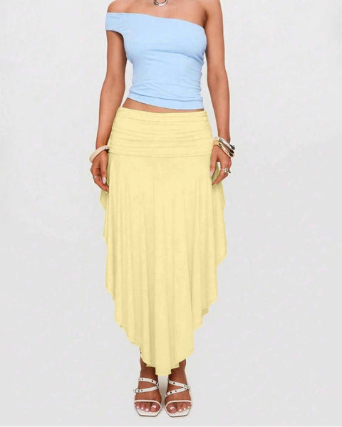 Solid Asymmetrical Hem Maxi Skirt in Vanilla