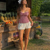 Plaid Button Lace Trim Spliced Spaghetti Strap Top in Red
