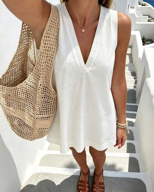 Casual V-Neck Sleeveless Relaxed Fit Mini Dress in Classic White