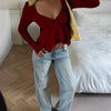 Solid Color Asymmetrical Hem Long Sleeve Top in Crimson Red