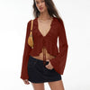V-Neck Bell Sleeve Ruffle Hem Tie-Front Crop Top in Merlot