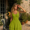 Halter Neck Sleeveless Layered Hem Fit and Flare Mini Dress in Dark Citron