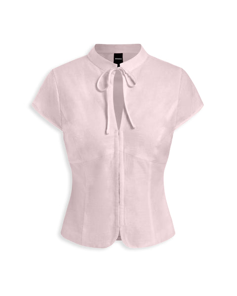 Casual Tie Neck Short Sleeve Fitted Top in Baby Pink