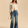 Off-Shoulder Ruffle Hem Tie-Front Crop Top in Cream