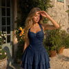 Halter Neck Sleeveless Layered Hem Fit and Flare Mini Dress in Pageant Blue