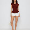 Casual Shirt Collar Tailored Fit Pleated Hem Top in Merlot