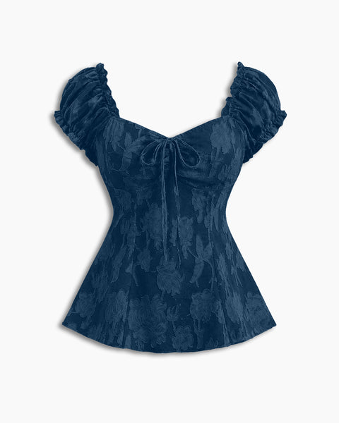 Cute Tie Front Neck Puff Sleeve Fit & Flare Top in Midnight Navy Blue